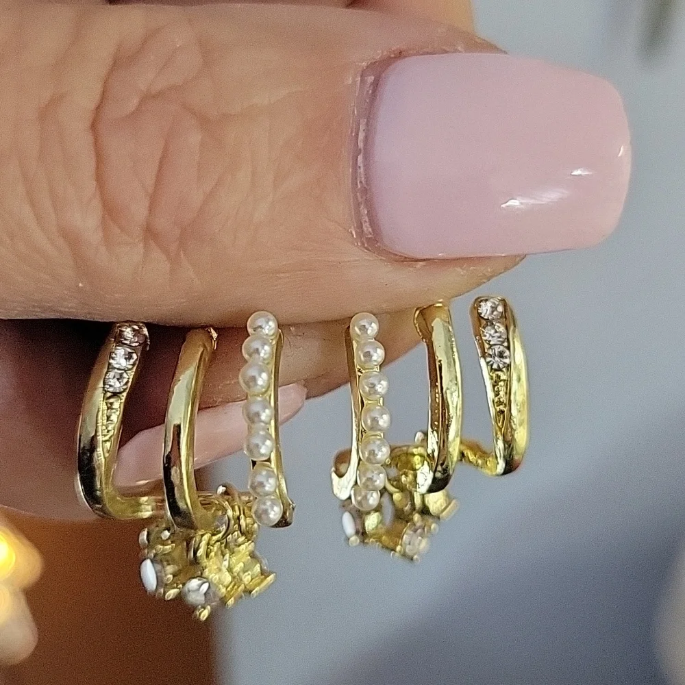 Claw Style Huggies with Faux Pearl, Crystal Dangles, S925 - Picture 4 of 7